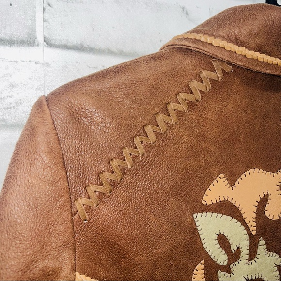 Reba Size Small Soft Leather jacket Brown Tooled Braided Stitching Full Zip - Picture 7 of 13